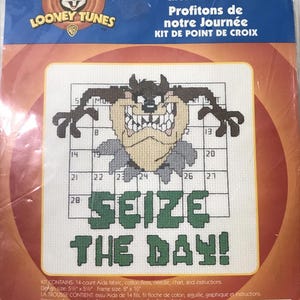 May include: A Looney Tunes cross-stitch kit featuring Taz, the Tasmanian Devil, with the phrase "Seize the Day!" in green. The kit includes Aida fabric, floss, a needle, and instructions. The design size is 5.5" x 5.5", and the frame size is 8" x 10".