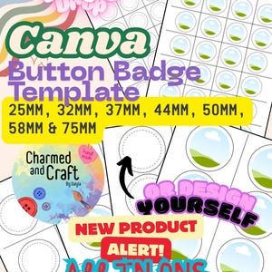 Puede incluir: Un paquete de plantillas digitales de Canva para chapas con hojas de contornos circulares y gráficos de paisajes. El texto incluye Drag & Drop, Canva Button Badge Template, 25mm, 32mm, 37mm, 44mm, 50mm, 58mm & 75mm, Or Design Yourself, New Product Alert! y All In One Bundle!.