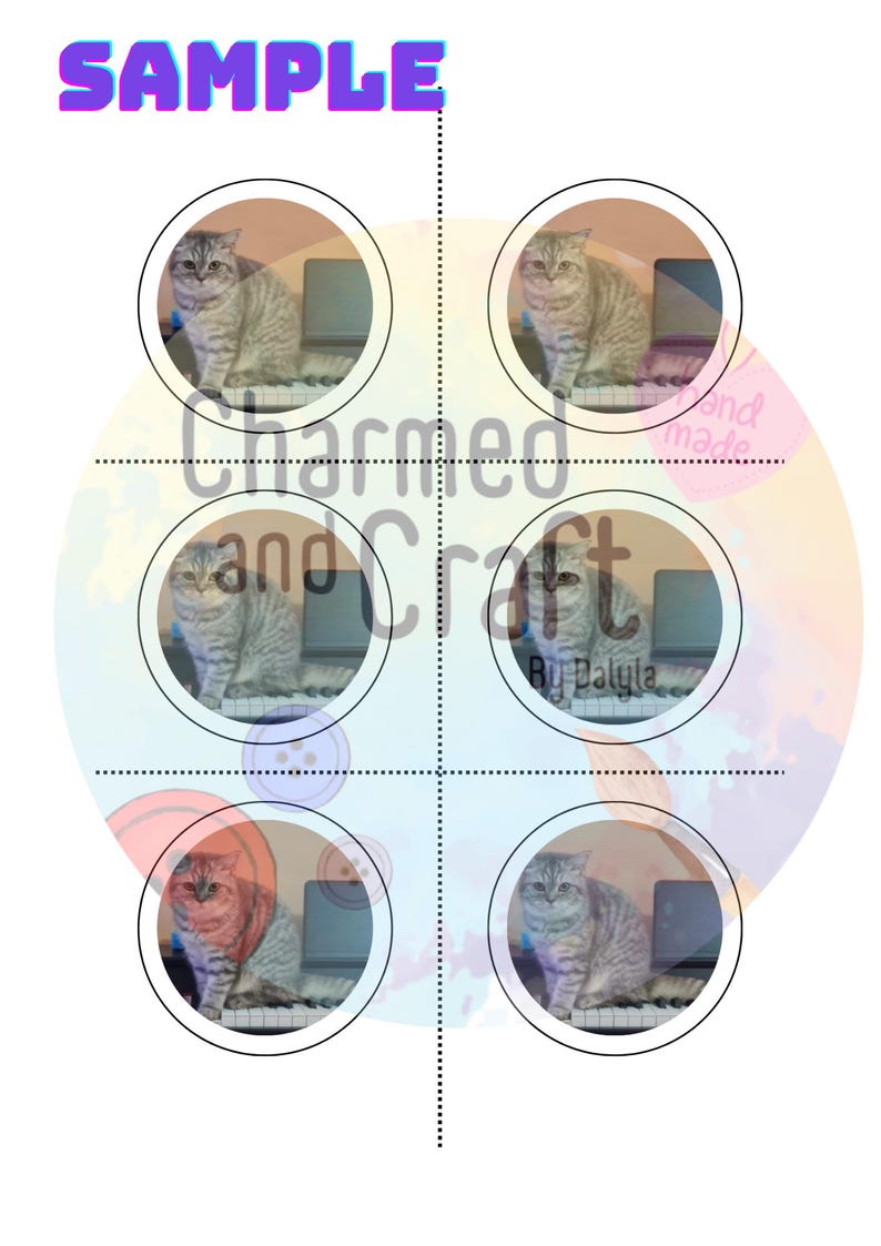 Pu&ograve; includere: Un design con sei immagini circolari di un gatto tabby grigio su una tastiera di pianoforte. La parola "SAMPLE" &egrave; in alto in lettere viola e blu. Il testo "Charmed and Craft" &egrave; al centro.