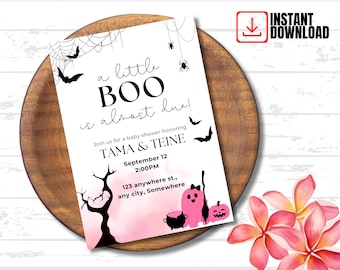 Een klein boe-geroep is bijna klaar: uitnodigingssjabloon voor babyshower | Halloween-babyshoweruitnodiging | Bewerkbare digitale Canva-download