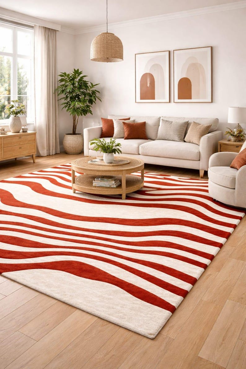 Hand Tufted Wool Rug – Abstract Wave, Rust & Ivory - Etsy