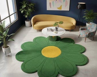 Hand-Tufted Green Daisy Rug – Playful Floral Accent Mat