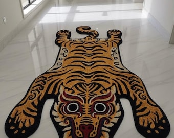 Hand-Tufted Wool Tiger Rug – Bold Tibetan Animal Design Area Carpet