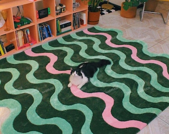 Wavy Area Rug, Dopamine Decor, Retro Green Pink Carpet, Organic Shape Home Decor