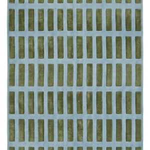 Handtuftad ullmatta, blågrönt geometriskt rutnät, modern minimalistisk matta, skandinavisk inredning