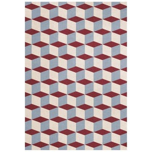 May include: A geometric patterned rug featuring a repeating 3D cube design. The cubes are in alternating colors of burgundy, light blue, and cream. The rug has a textured appearance and is suitable for various interior spaces.