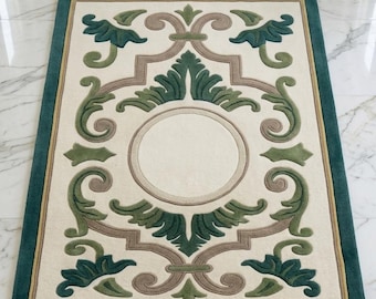 Hand Tufted Wool Rug, Green Floral Area Rug, Luxury Botanical Carpet, Modern Ivory Living Room Rug, Custom Handmade Wool Rug