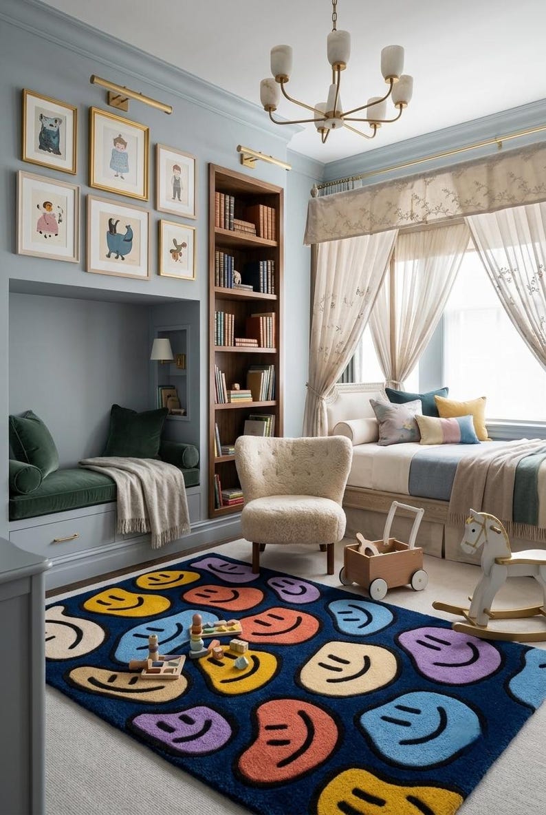 Hand Tufted Smiley Face Rug, Y2K Pop Art Area Rug, Navy Blue Background ...