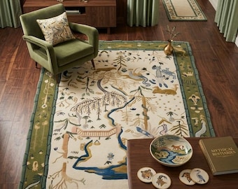 Può includere: Una stanza con un tappeto color crema con un design paesaggistico dettagliato con alberi, animali e acqua, incorniciato da un bordo verde. La stanza comprende anche una poltrona verde, opere d'arte e un tavolino.