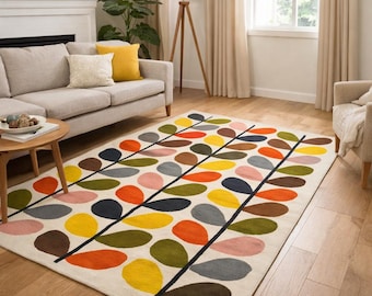 Hand Tufted Wool Rug, Mid Century Modern Botanical Carpet, Scandinavian Living Room Home Decor