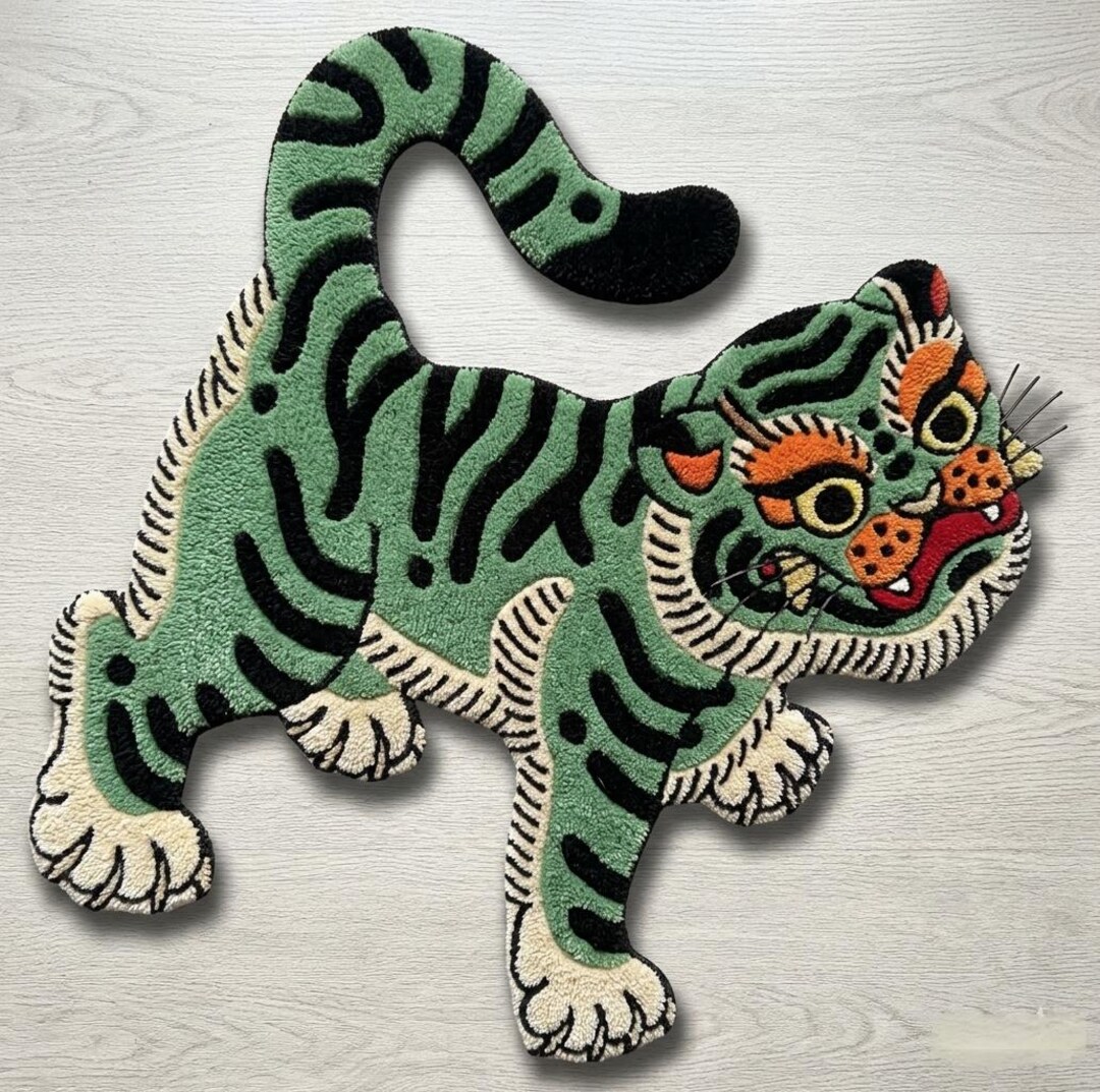Hand Tufted Tiger Rug, Green Animal Shape Punch Needle Carpet, Kids ...