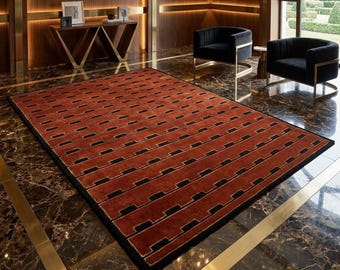 Hand Tufted Wool Rug, Rust Geometric Pattern, Modern Minimalist Carpet