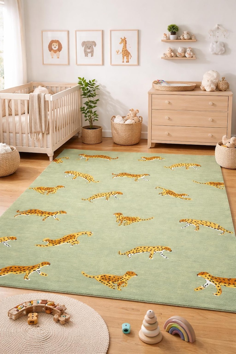 Hand-Tufted Wool Cheetah Rug: Green Jungle Animal Print, Anthropologie Inspired Decor" image 4