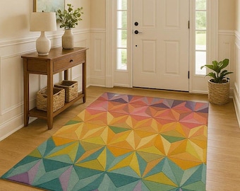 Hand Tufted Wool Area Rug: Colourful Geometric Design