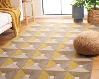Geometric Area Rug | Mustard Beige Scandinavian Carpet | Mid Century Boho Living Room
