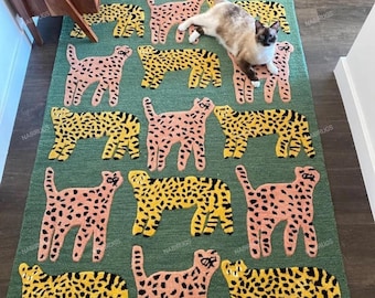 Handmade Leopard Area Rug, Green Cheetah Print Carpet, Maximalist Dopamine Decor