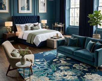 Puede incluir: Una alfombra rectangular grande con fondo azul oscuro y un patrón floral prominente en tonos azul claro, verde azulado y crema. La alfombra está colocada en una habitación con un sofá de terciopelo azul, un sillón beige y una cama.