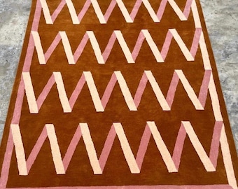 Hand Tufted Modern Zig-Zag Brown Pink Rugs Wool Handmade Area Rug for Home
