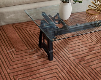 Hand Tufted Wool Area Rug: Copper Geometric Living Room Carpet