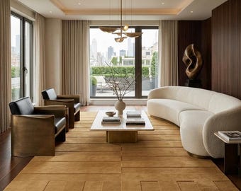 Hand Tufted Wool Area Rug, Minimalist Camel Beige Linear Textured Carpet