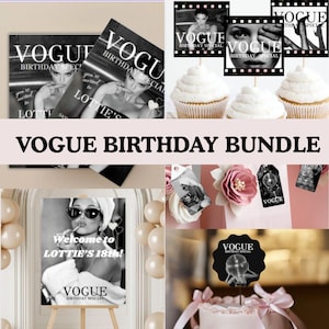 Könnte beinhalten: Eine Sammlung von Vogue-Geburtstagsdekorationen. Enthält Zeitschriften, Cupcake-Topper, ein Willkommensschild, Geschenkanhänger und Tortenaufsätze. Das Farbschema ist Schwarz, Weiß und Rosa, mit dem Vogue-Logo.