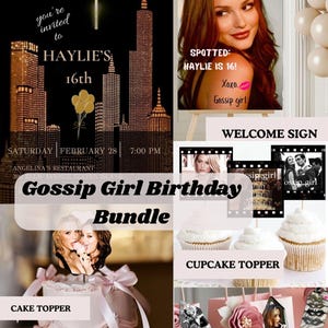 Könnte beinhalten: Ein Gossip Girl-Themen-Geburtstagsparty-Paket mit einem Willkommensschild, Tortenaufsatz, Cupcake-Toppern und Geschenktüten. Die Einladung enthält ein Stadtbilddesign. Das Willkommensschild zeigt ein Foto einer Frau mit dem Text "Spotted: Haylie is 16!"