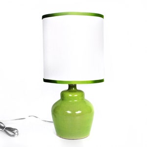 Small plump chartreuse ceramic lamp with shade image 1