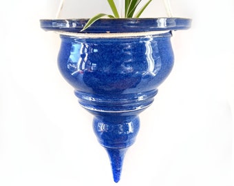 Medium large blue ceramic hanging planter