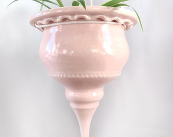 Medium large light pink ceramic hanging planter