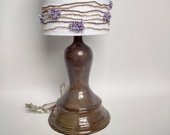 Brown and violet toned ceramic lamp with needle punch shade
