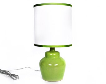 Small plump chartreuse ceramic lamp with shade