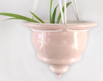 Medium light pink ceramic hanging planter