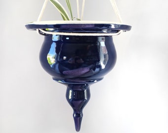 Medium dark navy ceramic hanging planter