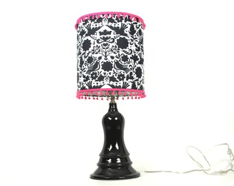 Black Ceramic Lamp with Pink PomPom Trimmed Shade