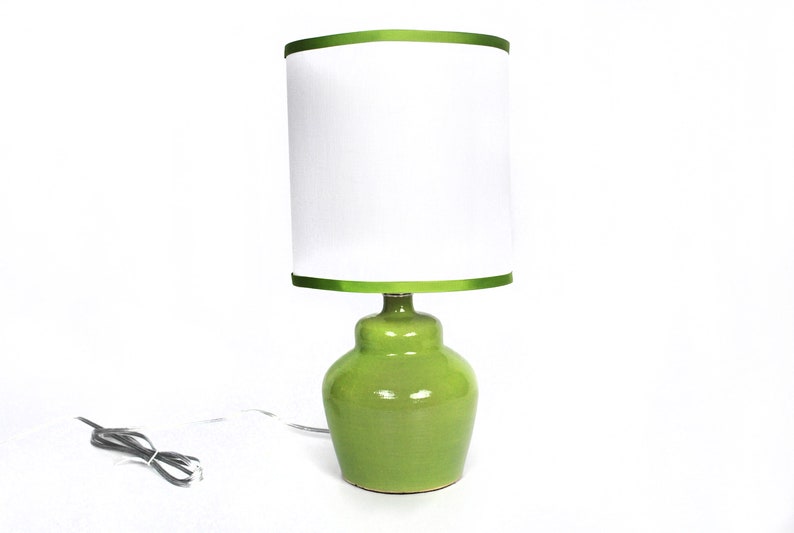 Small plump chartreuse ceramic lamp with shade image 4