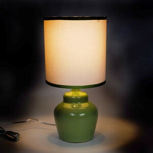 Small plump chartreuse ceramic lamp with shade image 3