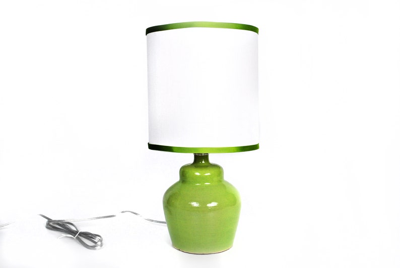 Small plump chartreuse ceramic lamp with shade image 1