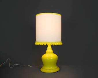 Small Ceramic Yellow Lamp with PomPom Shade