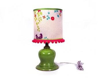 Chartreuse Ceramic Lamp with Pompom Shade
