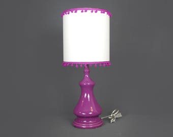 Purple Ceramic Lamp with PomPom Shade