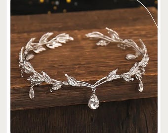 Vintage Fairy Crown Tiara, Crystal Leaf Elf Headpiece Hair Accessories for Women