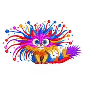 Peut inclure: Un chat de dessin animé coloré avec de grands yeux bleus et un design fantaisiste. Le chat présente un mélange de couleurs vives, notamment le bleu, le rouge, le jaune et le violet, avec une queue touffue et une expression enjouée. Le chat est sur fond blanc.