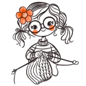 Peut inclure: Illustration en noir et blanc d'une jeune fille tricotant, avec des lunettes et des couettes. Elle porte une fleur orange dans les cheveux et un pull rayé. Dessin au trait avec des touches d'orange.