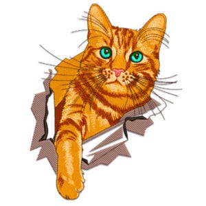 Peut inclure: Un chat tigré orange aux yeux bleu vif, perçant un effet de papier déchiré. La fourrure du chat est détaillée avec des rayures, et sa patte s'étend hors de la déchirure. Le motif est posé sur un fond blanc uni.