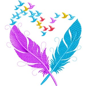 Peut inclure: Un motif avec deux plumes croisées, violettes et bleues, formant un cœur. Au-dessus, un groupe de petits oiseaux de différentes couleurs, dont le bleu, le jaune et le rouge, volent en forme de cœur. Le motif est sur fond blanc.
