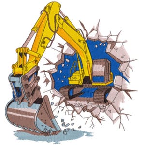 Peut inclure: Illustration d'une excavatrice jaune perçant un mur, révélant un intérieur bleu. L'excavatrice est dotée d'un grand godet et de chenilles. Style dessin animé.