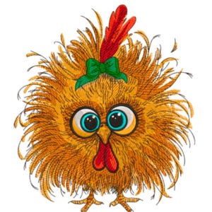 Peut inclure: Illustration d'un poussin rond et duveteux, aux plumes orange-brun. Il a de grands yeux bleus expressifs, une crête et un barbillon rouges, et un nœud vert. Une plume rouge orne sa tête. Le personnage de dessin animé est sur fond blanc.