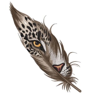 Peut inclure: Illustration détaillée d'une plume intégrant un visage de léopard. La plume est principalement marron avec des taches noires et un œil jaune, créant un design unique et artistique sur le thème animalier.