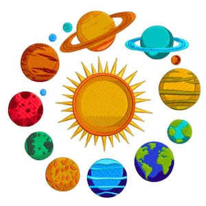 May include: A colorful illustration of the solar system, featuring the sun at the center with radiating yellow rays. Planets of various colors and sizes orbit the sun, including Saturn with its rings and Earth with blue oceans and green continents.