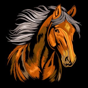 Peut inclure: Illustration détaillée d'une tête de cheval sur fond noir. Le cheval est représenté en nuances de marron et d'orange, avec une crinière blanche flottante. L'œuvre a un aspect texturé, mettant en valeur les détails de la broderie.